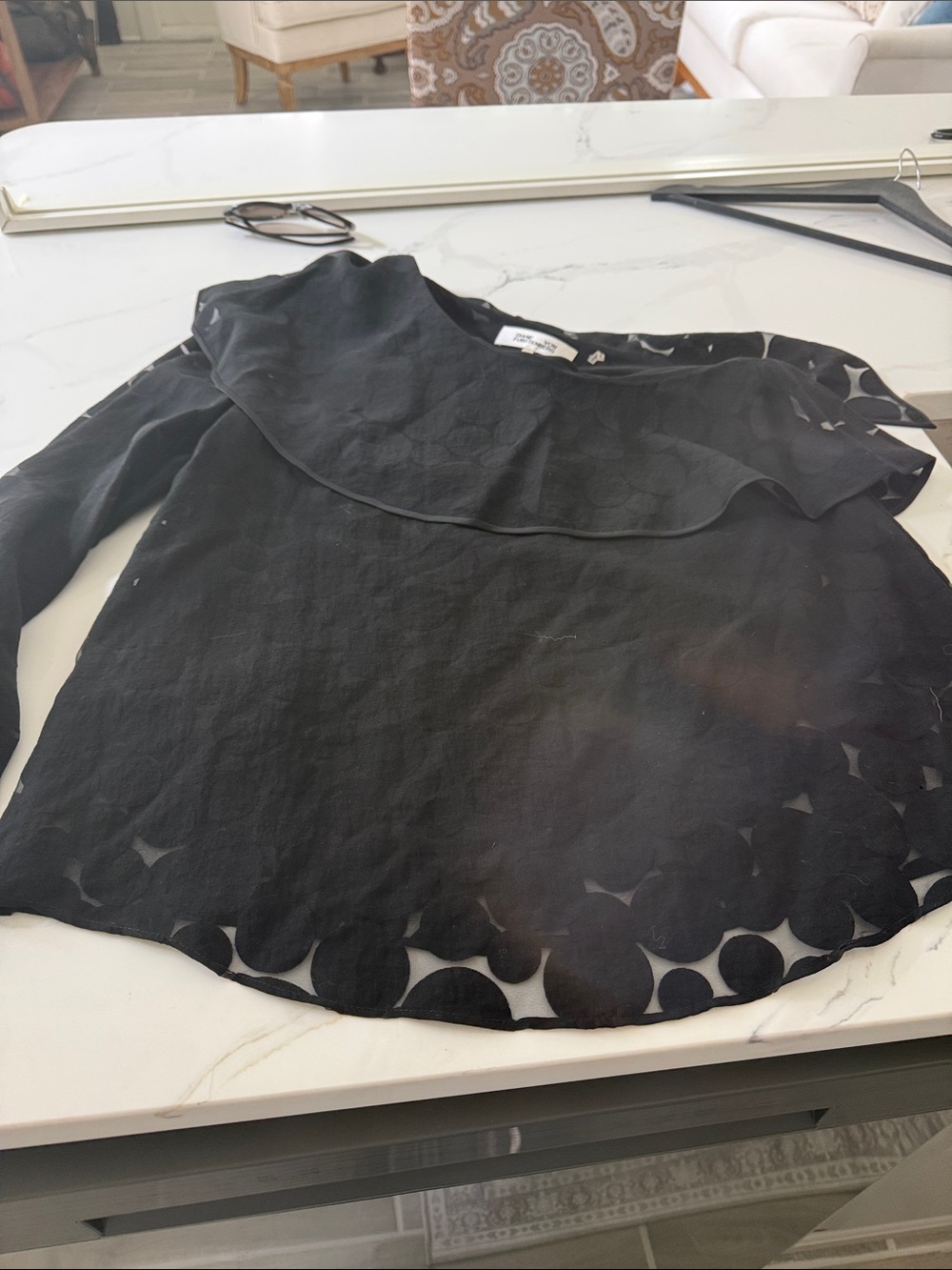 Diane Von Furstenberg Black Scallop Hem Ruffle Blouse